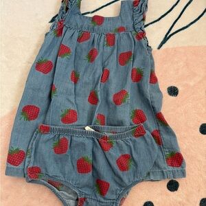 Strawberry Print Denim Baby Dress and Bloomers